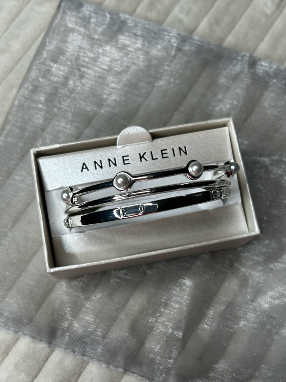 Anne Klein Polished Silver-Tone Three Bangle Set Faux Diamond & Pearl Accents